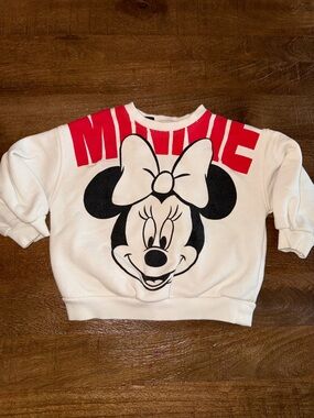 Zara White Sweatshirt with Black Minnie Mouse Face and Red Lettering
